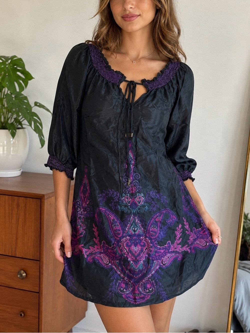 NWT Vintage Y2K Angie Black & Purple Boho Peasant 3/4 Sleeve Printed Mini Dress